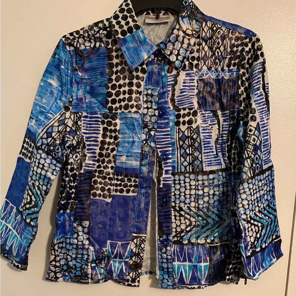 Blue and Black Casual Button Down Shirt with Artistic Pattern